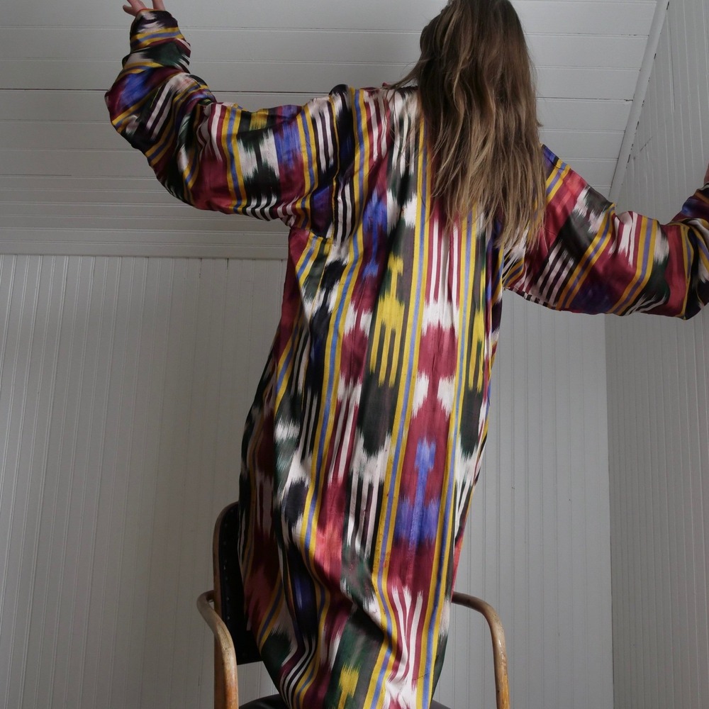 AMAZING antique Uzbekistan ikat dyed silk and calico cotton reversible jacket - Picture 10 of 14